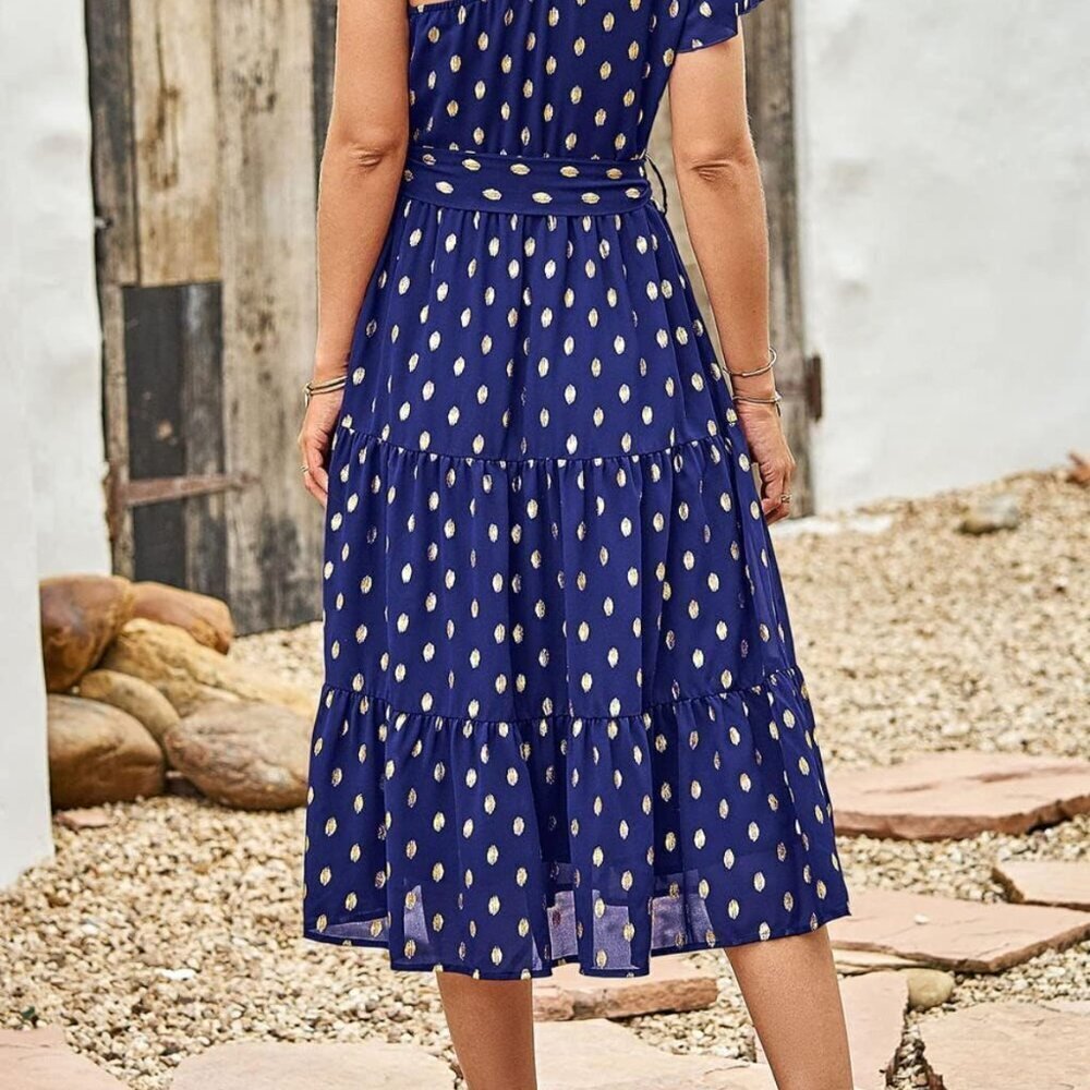 PRETTYGARDEN One Shoulder Polka Dot Tiered Ruffle Boho Midi Dress NWOT - Picture 4 of 6